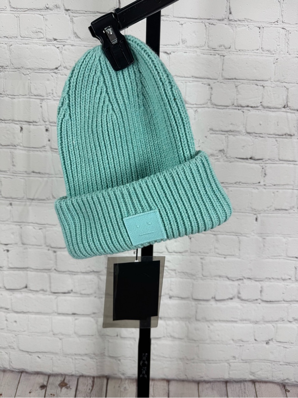 Acne Studios Pansy Face Lambswool Ribbed Knit Beanie Aqua Color